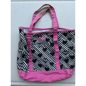 Roxy 100% Cotton Got For It Heart Graphics Strips Hook Loop Closure Tote Bag